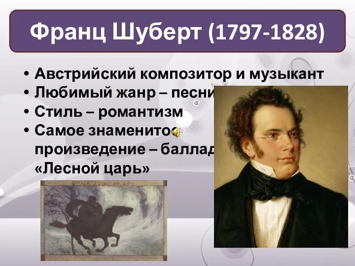 Австрийский композитор и музыкант Любимый жанр – песни Стиль – романтизм Самое