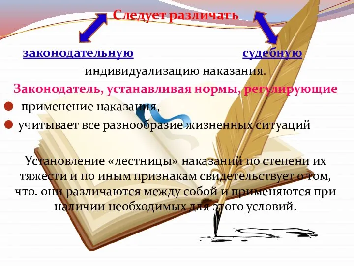 Следует различать законодательную судебную индивидуализацию наказания. Законодатель, устанавливая нормы, регулирующие применение наказания,