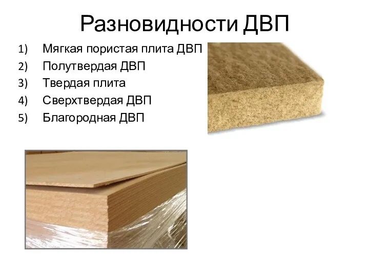 Разновидности ДВП Мягкая пористая плита ДВП Полутвердая ДВП Твердая плита Сверхтвердая ДВП Благородная ДВП