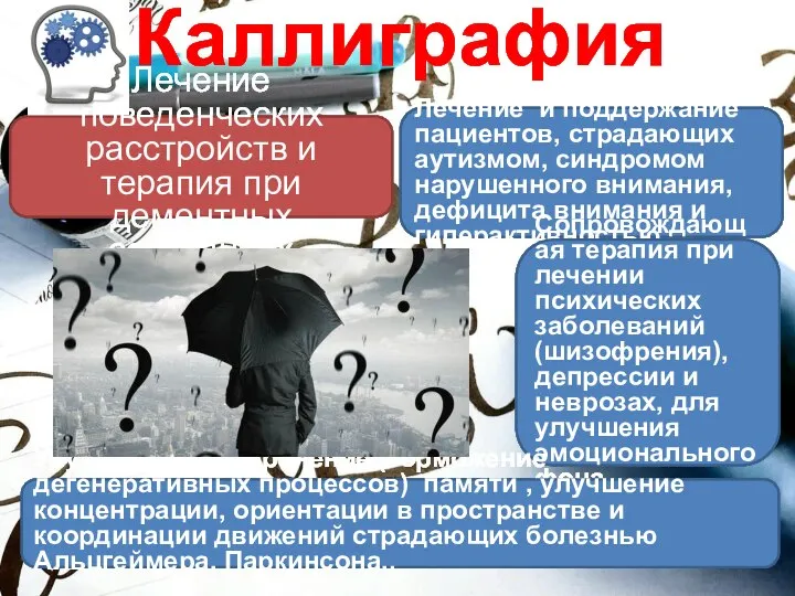 Каллиграфия Лечение поведенческих расстройств и терапия при дементных состояниях Лечение и поддержание