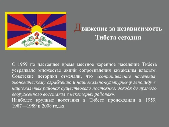 Движение за независимость Тибета сегодня С 1959 по настоящее время местное коренное
