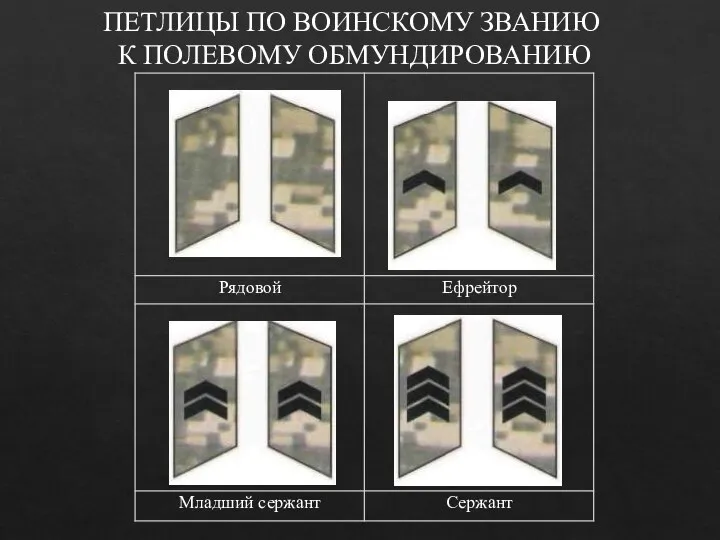 ПЕТЛИЦЫ ПО ВОИНСКОМУ ЗВАНИЮ К ПОЛЕВОМУ ОБМУНДИРОВАНИЮ