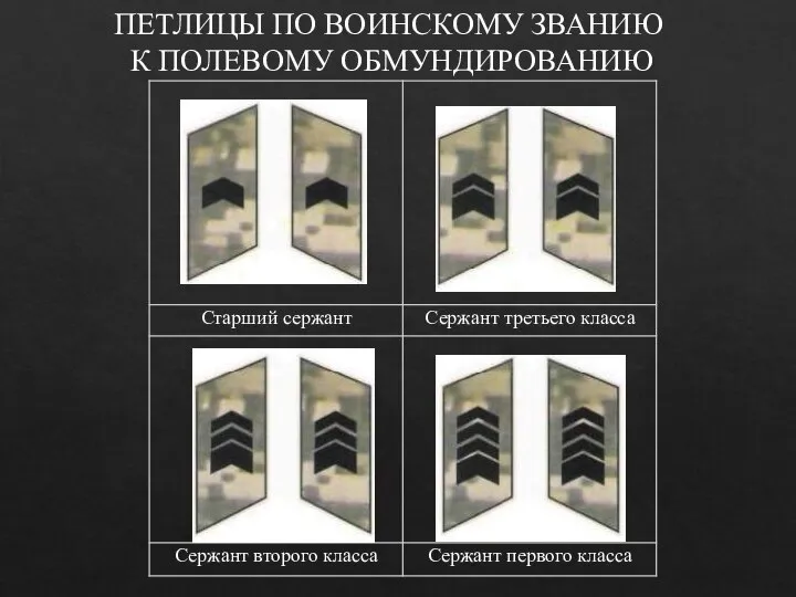 ПЕТЛИЦЫ ПО ВОИНСКОМУ ЗВАНИЮ К ПОЛЕВОМУ ОБМУНДИРОВАНИЮ