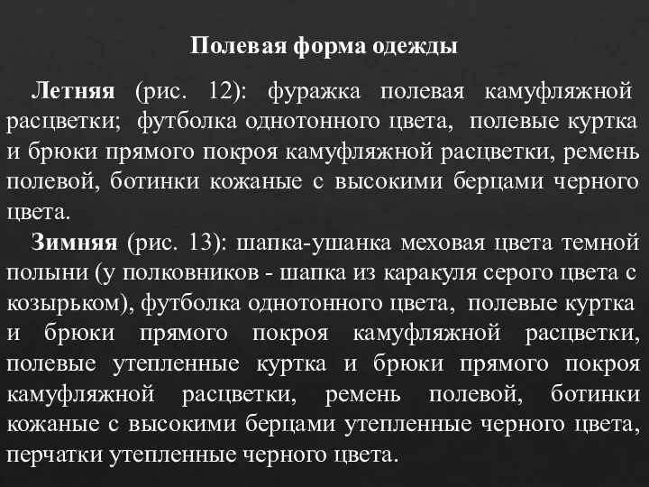 Полевая форма одежды Летняя (рис. 12): фуражка полевая камуфляжной расцветки; футболка однотонного