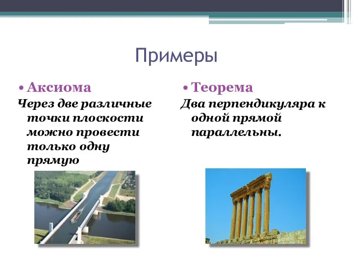 Примеры Аксиома Через две различные точки плоскости можно провести только одну прямую