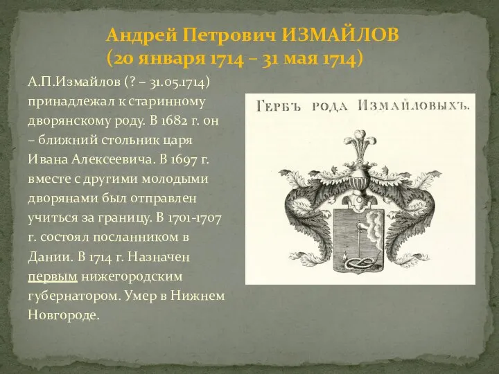 А.П.Измайлов (? – 31.05.1714) принадлежал к старинному дворянскому роду. В 1682 г.