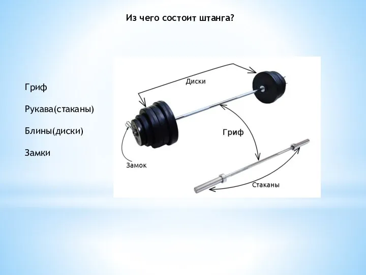 Из чего состоит штанга? Гриф Рукава(стаканы) Блины(диски) Замки