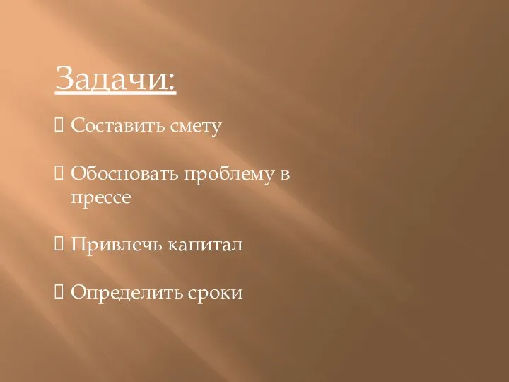 Задачи: Составить смету Обосновать проблему в прессе Привлечь капитал Определить сроки