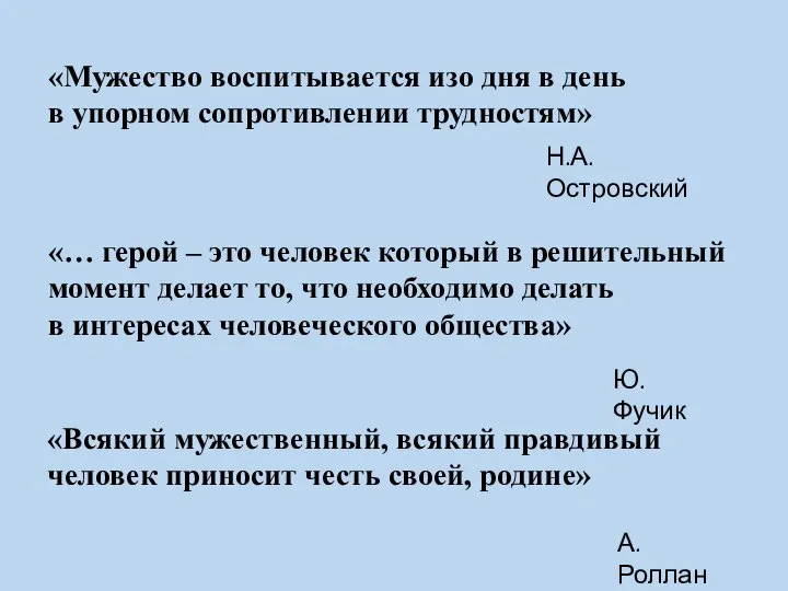 «Мужество воспитывается изо дня в день в упорном сопротивлении трудностям» Н.А. Островский