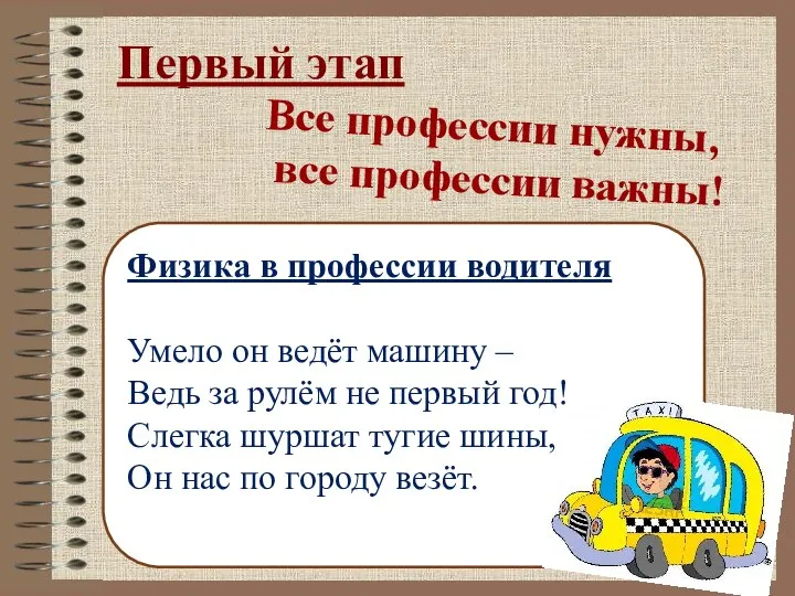 Первый этап Все профессии нужны, все профессии важны! Физика в профессии водителя