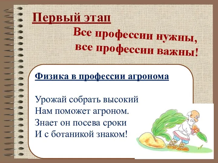 Первый этап Все профессии нужны, все профессии важны! Физика в профессии агронома