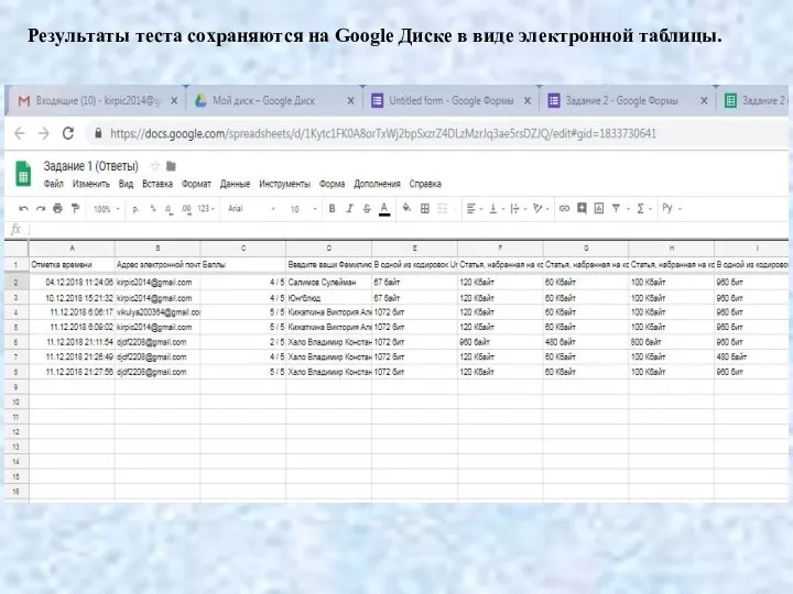 Результаты теста сохраняются на Google Диске в виде электронной таблицы.