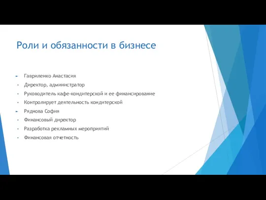 Роли и обязанности в бизнесе Гавриленко Анастасия Директор, администратор Руководитель кафе-кондитерской и