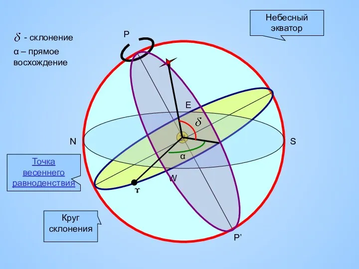 P P’ Небесный экватор W E N S Круг склонения ɤ Точка