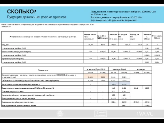 СКОЛЬКО? Будущие денежные потоки проекта Предложение инвестору на стадии эмбрион: 2 000