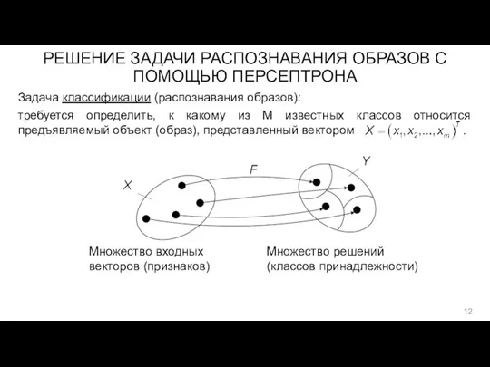 РЕШЕНИЕ ЗАДАЧИ РАСПОЗНАВАНИЯ ОБРАЗОВ С ПОМОЩЬЮ ПЕРСЕПТРОНА Задача классификации (распознавания образов): требуется