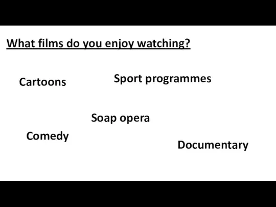 What films do you enjoy watching? Comedy Sport programmes Cartoons Documentary Soap opera