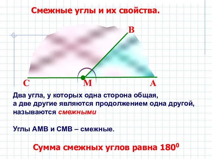 Смежные углы и их свойства. М А В С Два угла, у