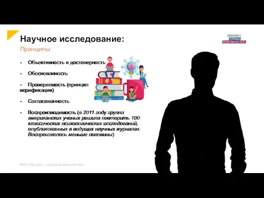 Научное исследование: Принципы: Объективность и достоверность Обоснованность Проверяемость (принцип верификации) Согласованность Воспроизводимость