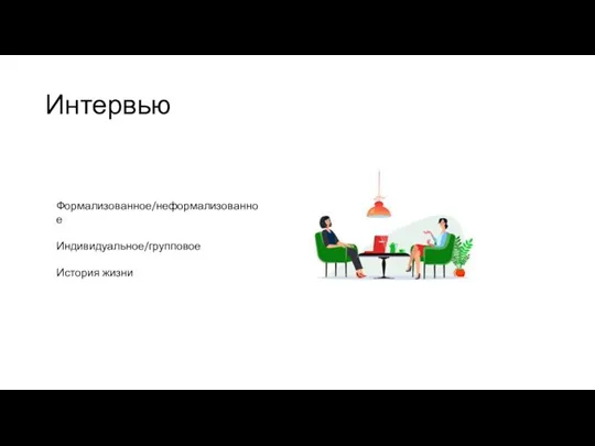 Интервью Формализованное/неформализованное Индивидуальное/групповое История жизни