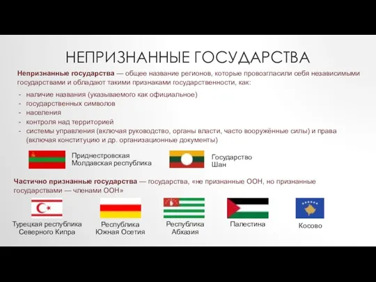 НЕПРИЗНАННЫЕ ГОСУДАРСТВА Непризнанные государства — общее название регионов, которые провозгласили себя независимыми