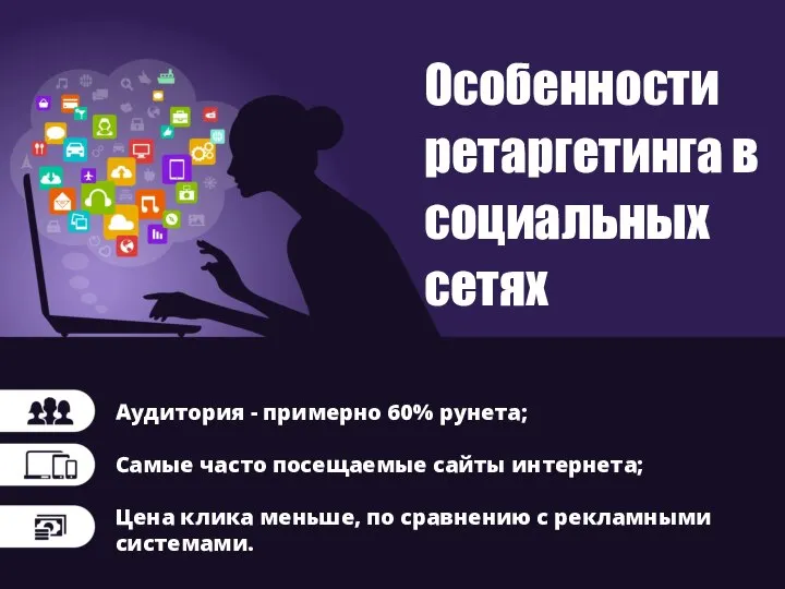 Особенности ретаргетинга в социальных сетях Аудитория - примерно 60% рунета; Самые часто