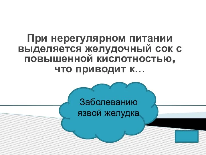 При нерегулярном питании выделяется желудочный сок с повышенной кислотностью, что приводит к… Заболеванию язвой желудка