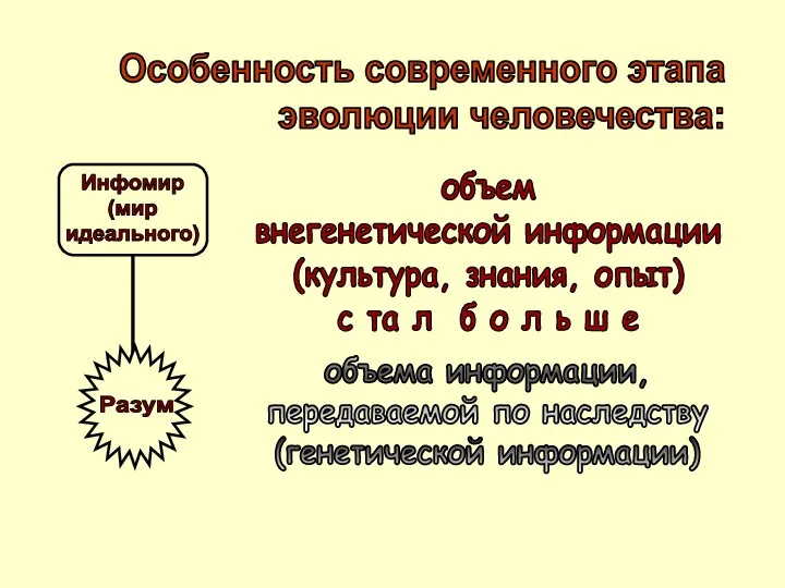 Особенность современного этапа эволюции человечества: объем внегенетической информации (культура, знания, опыт) с