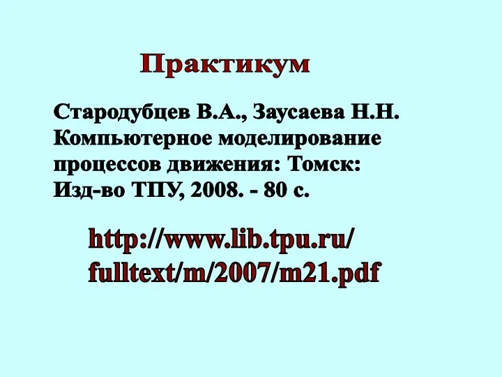 Практикум Стародубцев В.А., Заусаева Н.Н. Компьютерное моделирование процессов движения: Томск: Изд-во ТПУ,