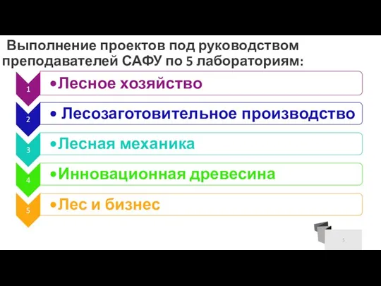 Выполнение проектов под руководством преподавателей САФУ по 5 лабораториям: