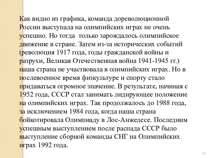 Как видно из графика, команда дореволюционной России выступала на олимпийских играх не