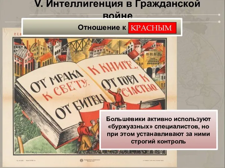 V. Интеллигенция в Гражданской войне Большевики активно используют «буржуазных» специалистов, но при