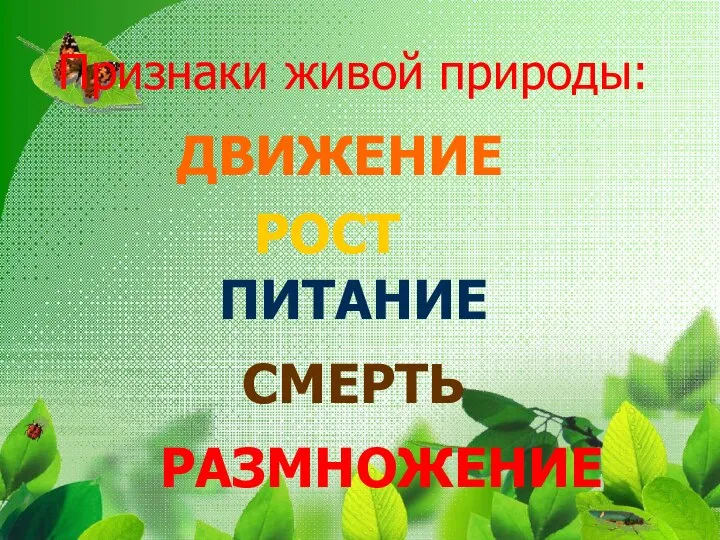 Признаки живой природы: ДВИЖЕНИЕ РОСТ ПИТАНИЕ СМЕРТЬ РАЗМНОЖЕНИЕ