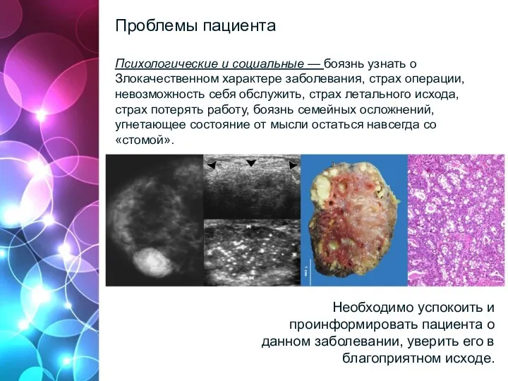 Проблемы пациента Психологические и социальные — боязнь узнать о Злокачественном характере заболевания,