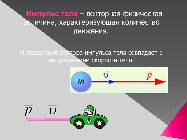 Импульс тела – векторная физическая величина, характеризующая количество движения. Направление вектора импульса