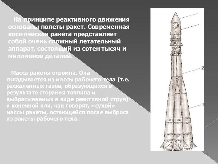 На принципе реактивного движения основаны полеты ракет. Современная космическая ракета представляет собой