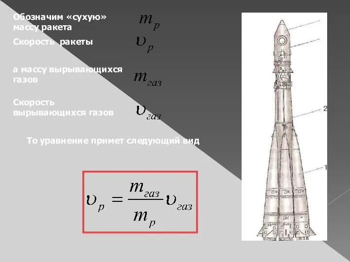 Обозначим «сухую» массу ракета Скорость ракеты а массу вырывающихся газов Скорость вырывающихся