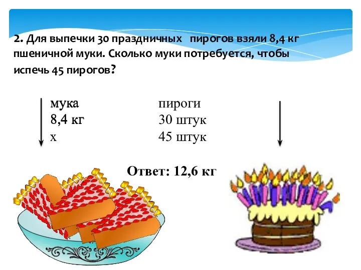 2. Для выпечки 30 праздничных пирогов взяли 8,4 кг пшеничной муки. Сколько