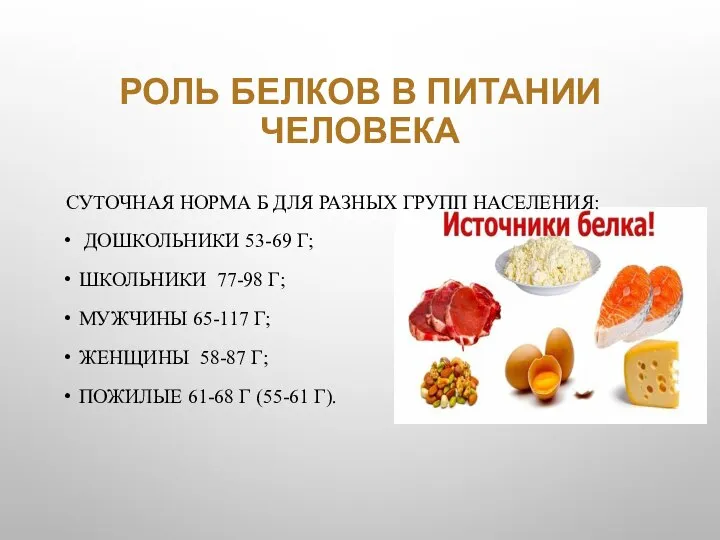 РОЛЬ БЕЛКОВ В ПИТАНИИ ЧЕЛОВЕКА СУТОЧНАЯ НОРМА Б ДЛЯ РАЗНЫХ ГРУПП НАСЕЛЕНИЯ: