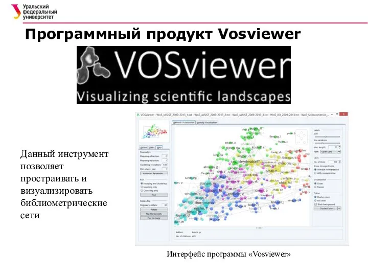 Программный продукт Vosviewer Данный инструмент позволяет простраивать и визуализировать библиометрические сети Интерфейс программы «Vosviewer»