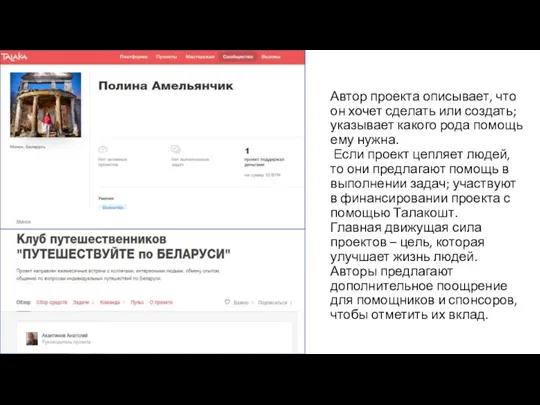 Автор проекта описывает, что он хочет сделать или создать; указывает какого рода