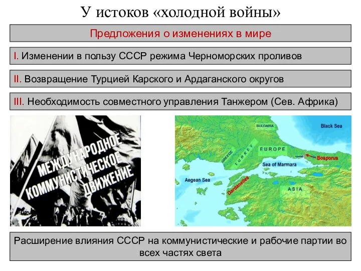 I. Изменении в пользу СССР режима Черноморских проливов II. Возвращение Турцией Карского