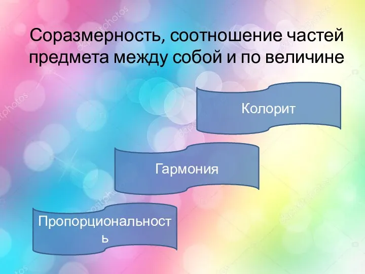 Соразмерность, соотношение частей предмета между собой и по величине Гармония Пропорциональность Колорит