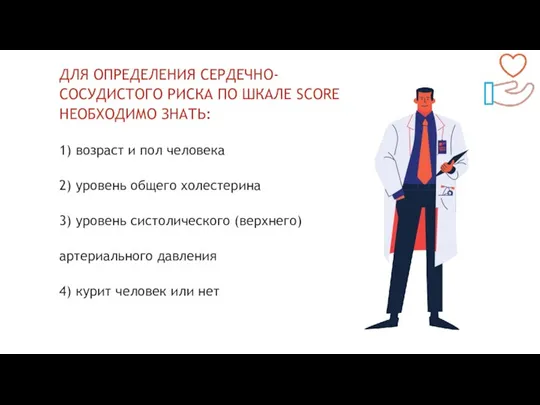 1) возраст и пол человека 2) уровень общего холестерина 3) уровень систолического