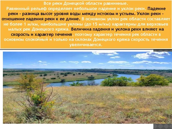 Все реки Донецкой области равнинные. Равнинный рельеф определяет небольшое падение и уклон