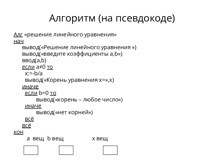 Алгоритм (на псевдокоде) Алг «решение линейного уравнения» нач вывод(«Решение линейного уравнения »)