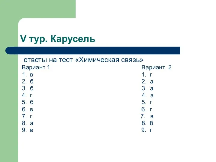 V тур. Карусель ответы на тест «Химическая связь» Вариант 1 Вариант 2