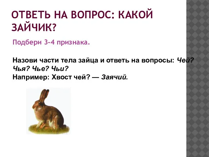 ОТВЕТЬ НА ВОПРОС: КАКОЙ ЗАЙЧИК? Подбери 3-4 признака. Назови части тела зайца