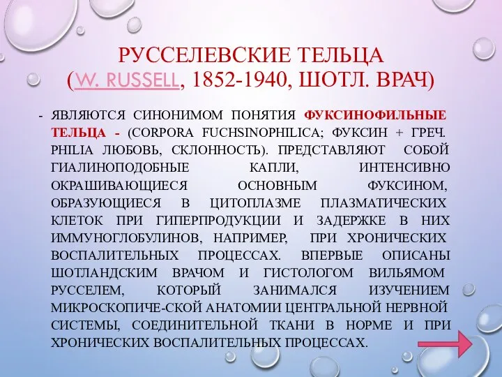 РУССЕЛЕВСКИЕ ТЕЛЬЦА (W. RUSSELL, 1852-1940, ШОТЛ. ВРАЧ) - ЯВЛЯЮТСЯ СИНОНИМОМ ПОНЯТИЯ ФУКСИНОФИЛЬНЫЕ