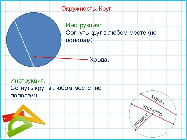 Окружность. Круг. Инструкция: Согнуть круг в любом месте (не пополам). Хорда. Инструкция: